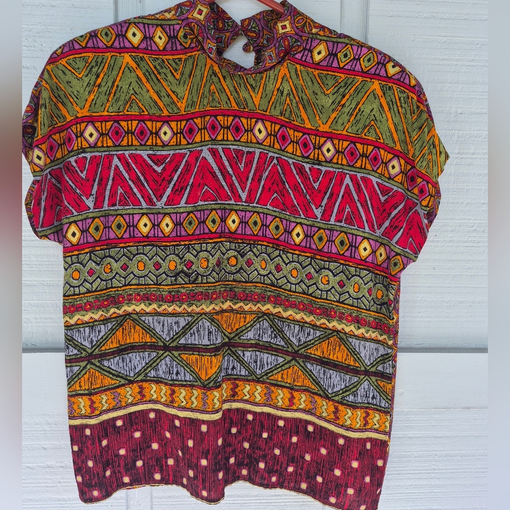 VTG 90S Marsha Brander Componix Multicolor Aztex Print Blouse Size 10 Boho